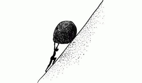 Sisyphus pushing boulder uphill
